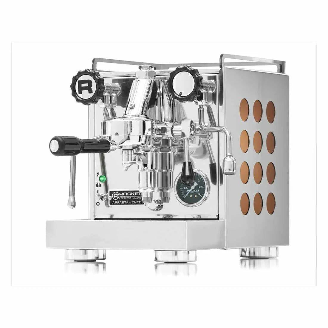 Appartamento Espressomaschinn-Hëtzewiessel-Rocket Espresso-Chrom/Koffer-Barista an Espresso