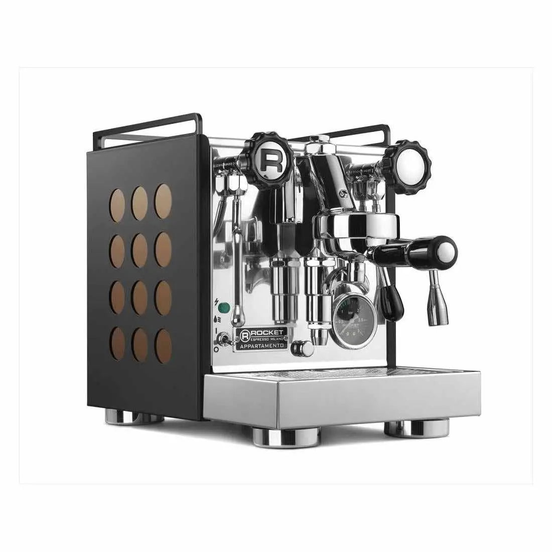 Appartamento Espressomaschinn-Hëtzewiessel-Rocket Espresso-Schwaarz/Koffer-Barista an Espresso