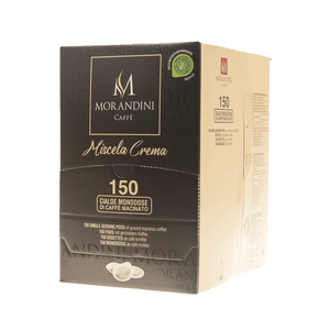 Svart-beige förpackning med 150 fylliga Morandini ESE-pods, Bästsäljare och Senaste nytt, allt om kaffe.