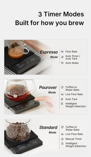 Schwaarz Kaffiswaag mat verschiddenen Timerastellungen an héijer Präzisioun fir Espresso a Filterkaffi, Barista-Accessoiren, alles ronderëm Kaffi.