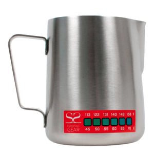 Thermometer Attento -Espresso Gear Mëllechkann aus Edelstahl mat integréiertem Temperaturindikator fir Espresso.